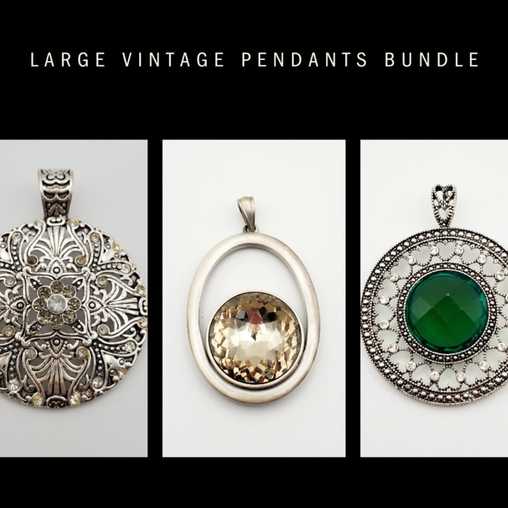 VTG Large Silver Medallion Pendants 3pcs Classic Ornate Design Faceted Stones
